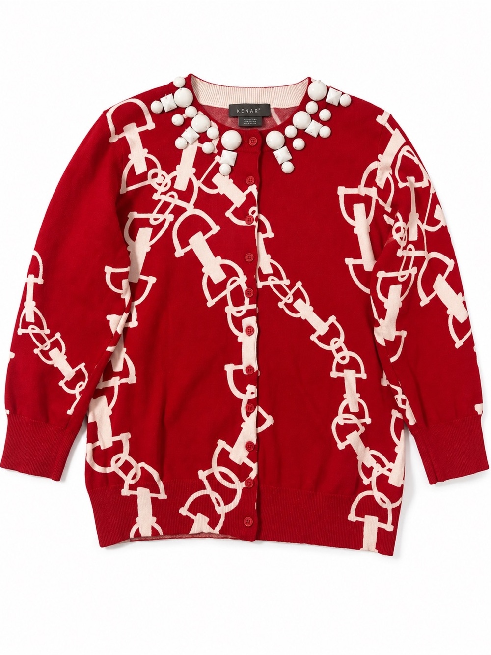 Kenar Red Chain-Print Embellished Cardigan Sweater, unworn new without tag